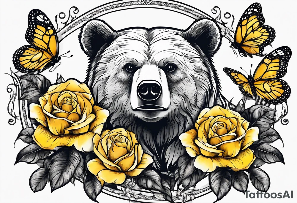 A bear sitting under the tree of life with three yellow roses, and three butterflies tattoo idea