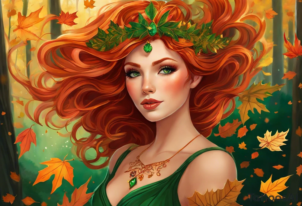 A auburn haired fairy in the middle of a forest during the peak of autumn, twirling in a whirlwind of autumn leaves. The fairy's hair is auburn with copper colors and a crown of gold, orange, and red leaves adorning her head. Her eyes are emerald green with gold flecks, ruby lips and pale skin. Her dress a deep green. tattoo idea