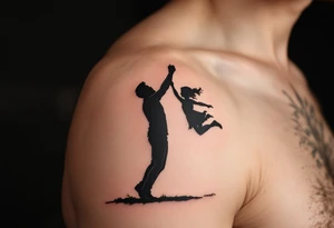A bold black silhouette of a father swinging his daughter by the arms, mid-air, with ground shadow to enhance movement. tattoo idea