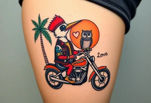 Woody the woodpecker wearing a leather vest that says peckerwoods, on a Harley Davidson under a palm tree, gazing in love at a barn owl tattoo idea