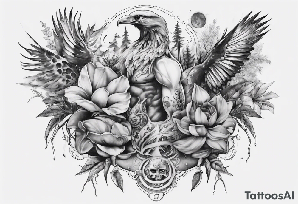 full stomach tattoo illimunati in the middle 
Nature tattoo idea