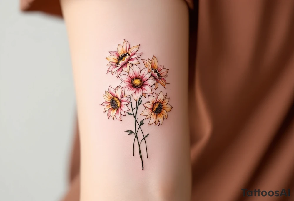 Sunflowers and stargazer lillies in pink and white in a dainty wildflower bouquet with stems tattoo idea