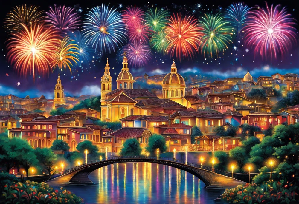 Fireworks burst across the night sky, surrounded by glowing candles and stars, capturing the magic and nostalgia of Colombian December nights. The scene is vibrant with multi-colored lights and an air of celebration. Soft linework mist or halos around the fireworks adds a magical, dreamy quality to the scene. The tattoo reflects joy and tradition, with an emphasis on warmth and festivity. tattoo idea
