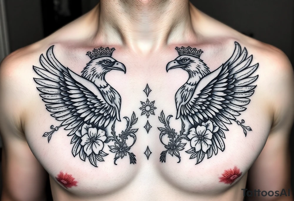Chest tattoo,powerful two symetrical majestic eagles with a crowns, surrounded by floral ornaments and lure tattoo idea