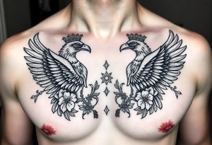 Chest tattoo,powerful two symetrical majestic eagles with a crowns, surrounded by floral ornaments and lure tattoo idea