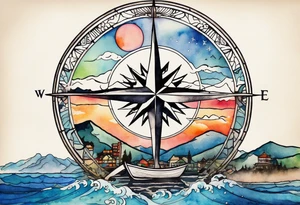 compass rose with half moon bay, mountains, Kansas city skyline and European landmark, spilled watercolor and tiny jet plane silhouette and a tiny ski boat in the water tattoo idea