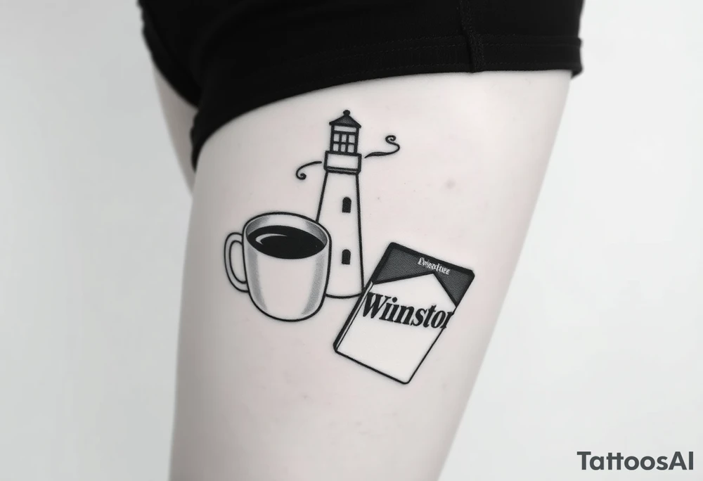 A mug of coffee
 with a lighthouse on it and a pack of Winston cigarettes laying next to it tattoo idea