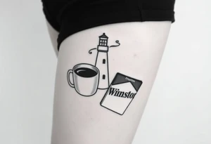 A mug of coffee
 with a lighthouse on it and a pack of Winston cigarettes laying next to it tattoo idea