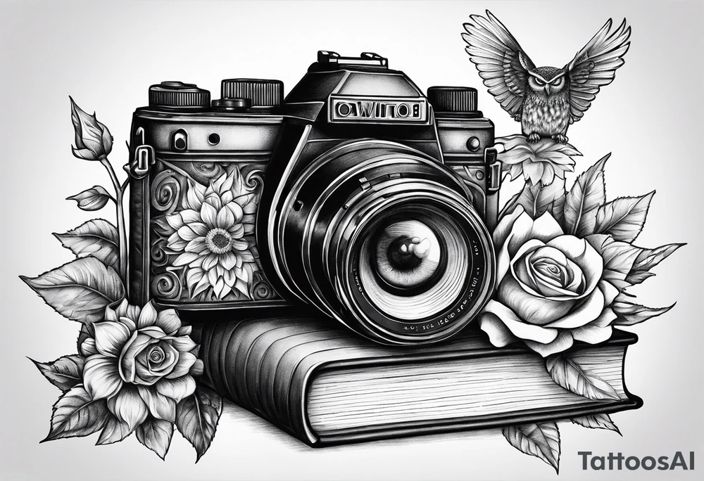 Sunflower, camera, book, owl, flower rose tattoo idea