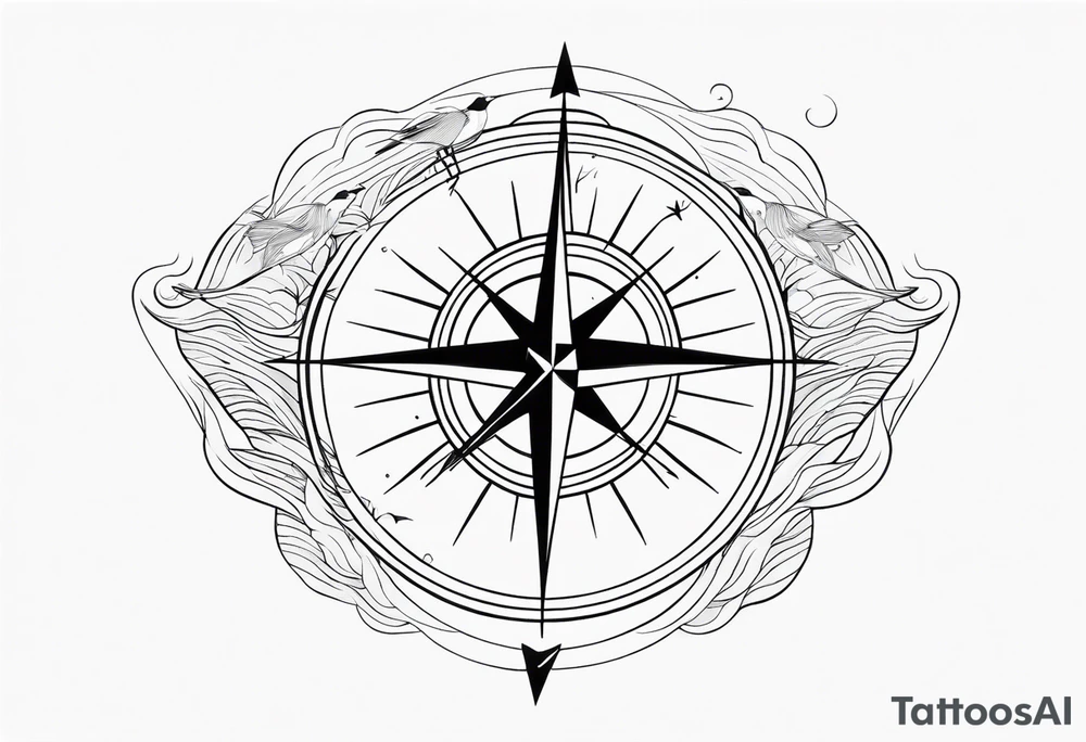 Compass with wAVES on mid back female elongated with birds above tattoo idea Compass with wAVES on mid back female elongated with birds above tattoo idea