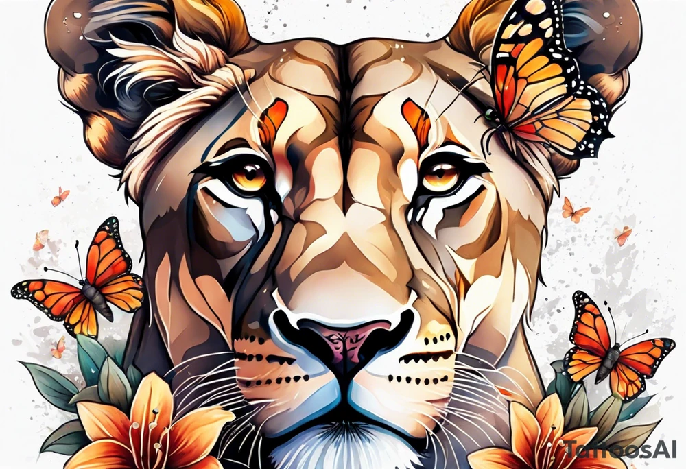 African lioness covered in lilies butterflies crown tattoo idea