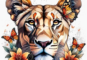 African lioness covered in lilies butterflies crown tattoo idea