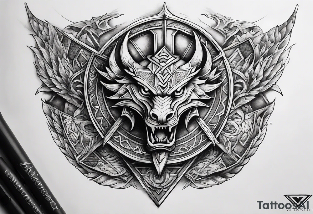 Valhalla sword shield dragon axe Valknut steps tattoo idea