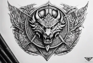 Valhalla sword shield dragon axe Valknut steps tattoo idea