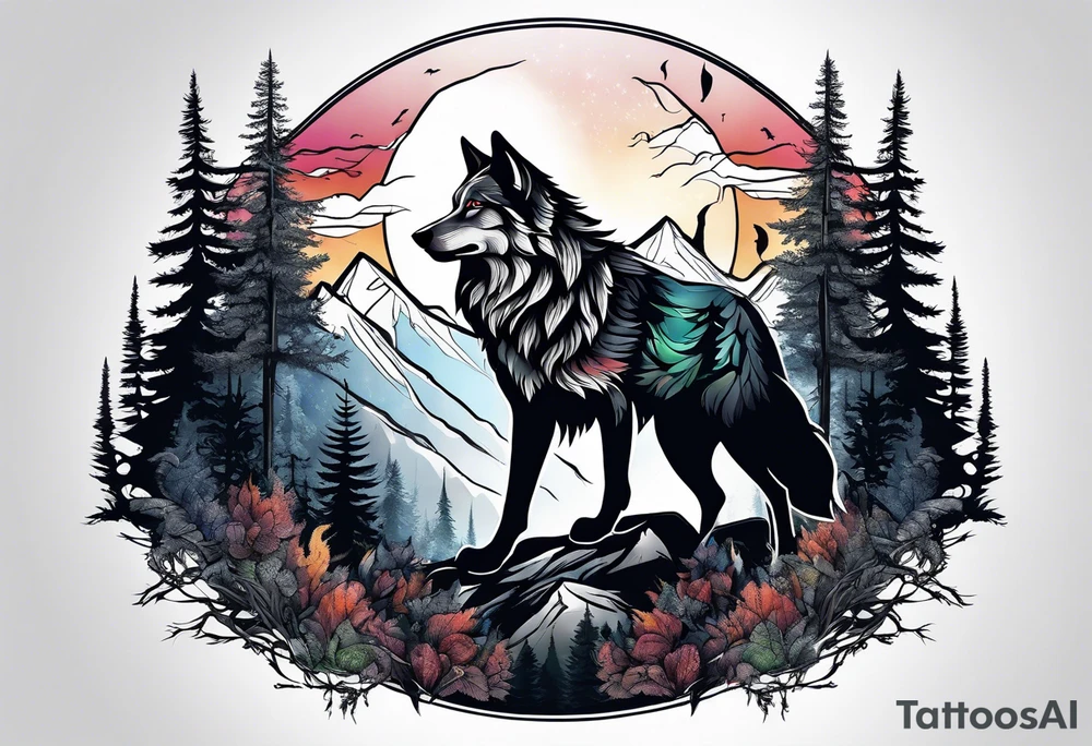 wolf mountain forest tattoo idea