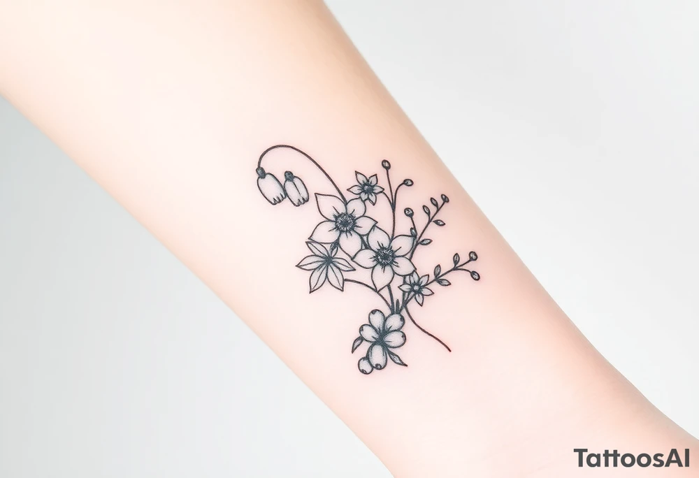Bouquet of birth months flowers Lilly of the valley, daffodil, larkspur and Ilex aquifolium with berries tattoo idea