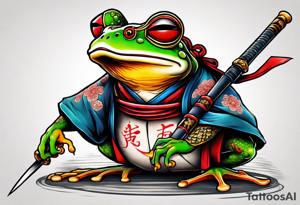 Samurai Frog with Japanese tattoos stand on one leg  with a tattoo needle instead of a sword tattoo idea