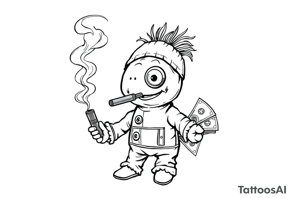 Stitched up rag doll with a button as one eye and some thread as the other. Holding some money in one hand and a cigar in the other hand. Smoke pouring off the cigar with the cloud of smoke above spelling out the word DOPE tattoo idea