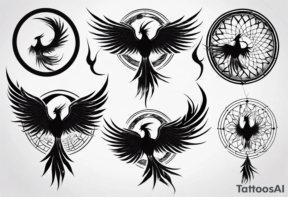 Vertical angry flying Phoenix with wings blending into circles and a long abstract dream catcher feather tail tattoo idea