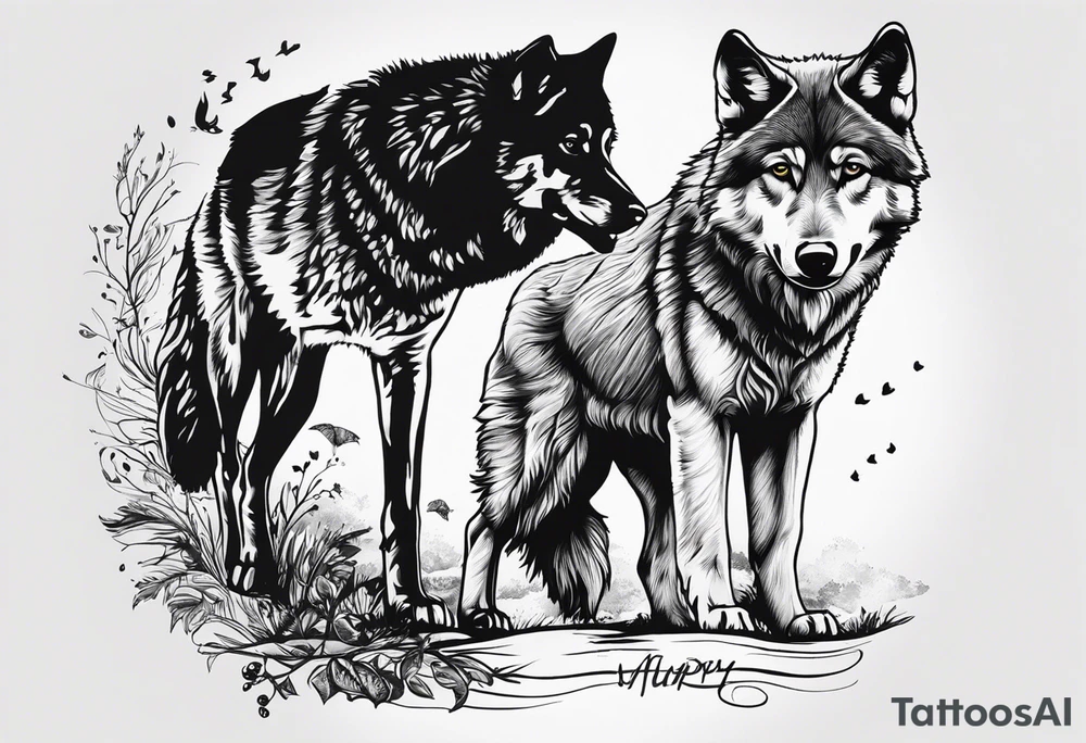 2 baby footprints with the name Murphy above and the date 8/9/23 below the foot prints. 
Father wolf looking over a baby wolf with nature background tattoo idea