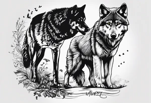 2 baby footprints with the name Murphy above and the date 8/9/23 below the foot prints. 
Father wolf looking over a baby wolf with nature background tattoo idea