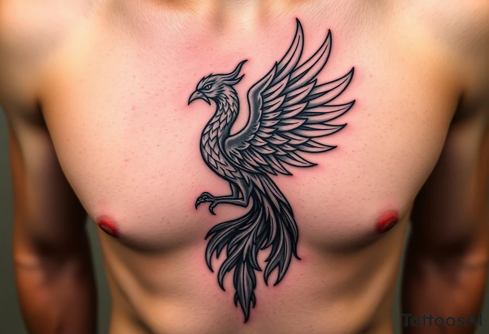 magnificent phoenix rising from golden flames with trailing embers made into a Irish family crest with dark and Demonic features tattoo idea