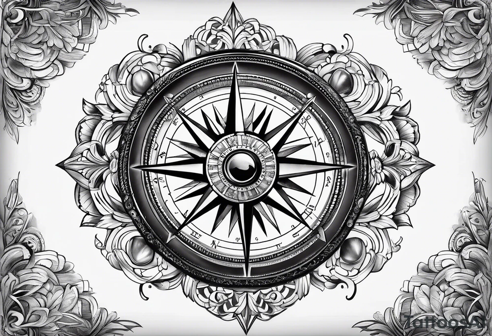 A black and white detailed compass tattoo idea