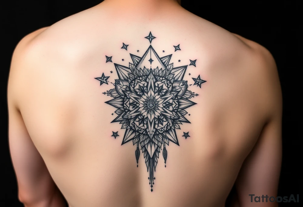 Could you possible make me a cool nature tattoo with mushrooms crystals  flowers mandala boho but colorful and psychedelic colorful too that would wrap from front of hip around side to mid back to cover an existing one I have incorporating the stars I have already and only covering some wrapping from front of hip around side to back tattoo idea
