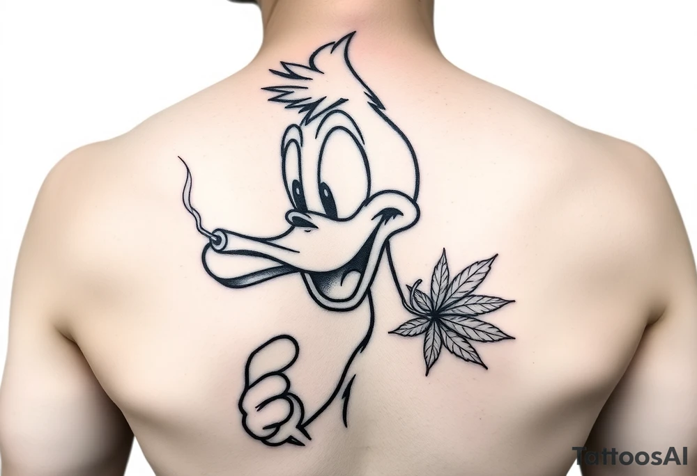 Older Daffy duck smoking a joint of marijuana tattoo idea