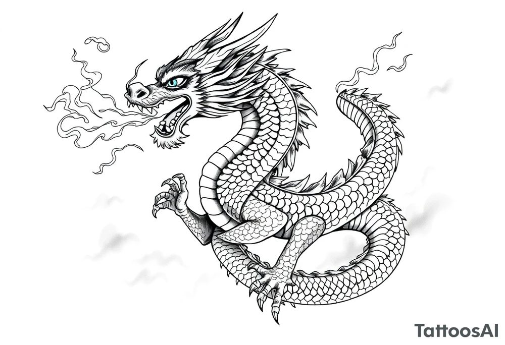 fierce dragon breathing iridescent fire against stormy skies tattoo idea