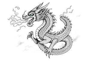 fierce dragon breathing iridescent fire against stormy skies tattoo idea
