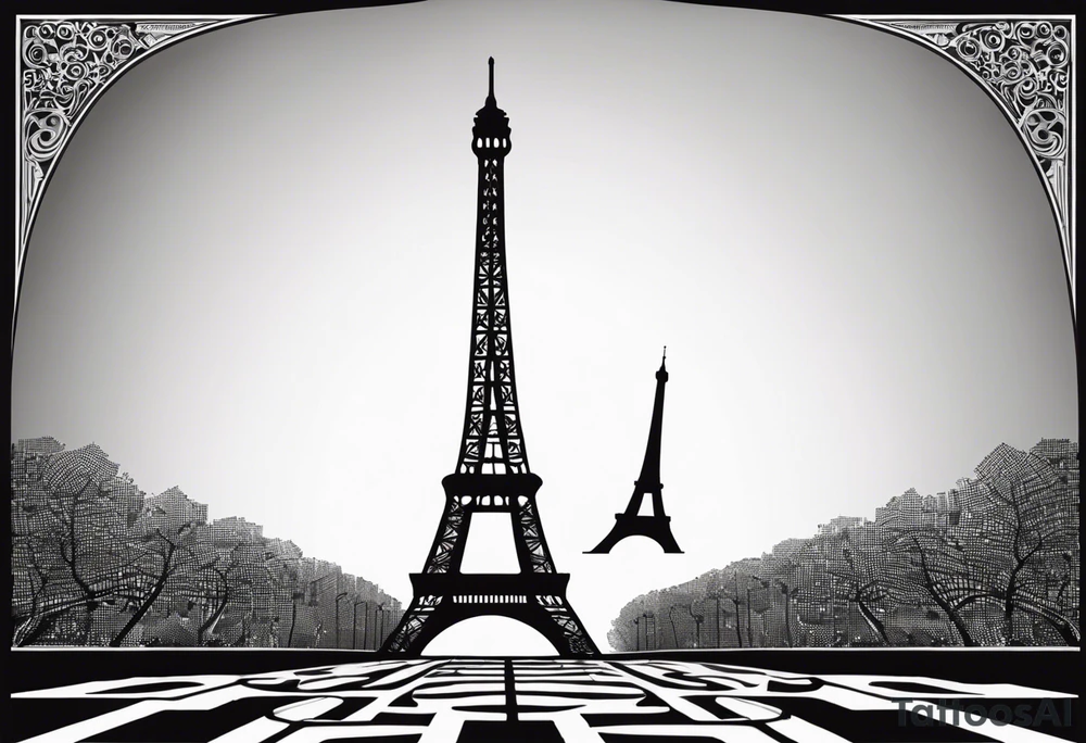 A black-and-white silhouette of the Eiffel Tower, framed within the shape of a guitar. The guitar's body is represented with bold, flowing lines, forming the outline of the instrument in solid black, creating a striking contrast against the white background. The Eiffel Tower itself is depicted in clean, sharp lines, standing tall and centered inside the guitar, with intricate details of its lattice structure. Negative space plays a key role in the composition, highlighting the seamless fusion of the two iconic symbols. The background remains stark white, drawing focus to the unique combination of music and architecture, with no gradients or additional shading. The overall effect is minimalistic yet dynamic, evoking a sense of conceptual art and visual harmony. tattoo idea