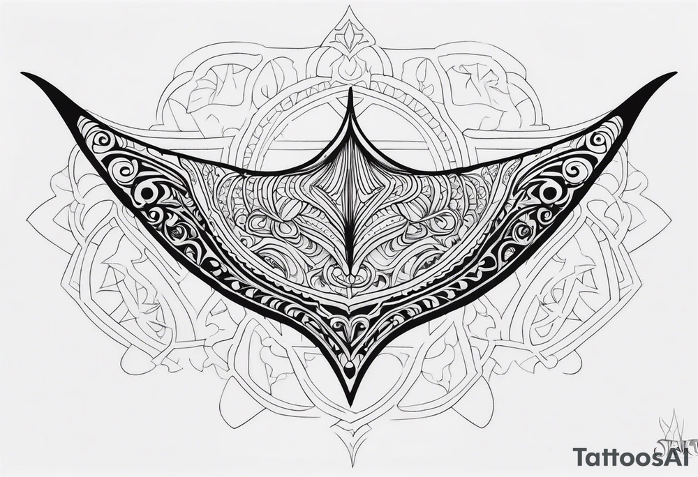 Tattoo sketch of manta ray in outline, without shadows and background, made of sacred ornament, minimalistic Polynesian tattoo design, without thick lines and dark spots, while maintaining the shape of Manta Ray tattoo idea