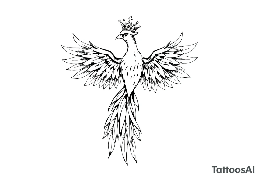 Pheonix wearing a crown with flowy long tail tattoo idea