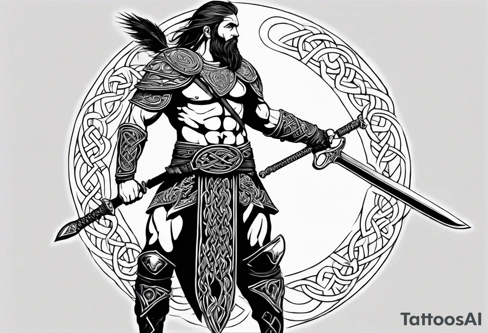Side facing full body shot of Celtic warrior with weapon unsheathed. tattoo idea