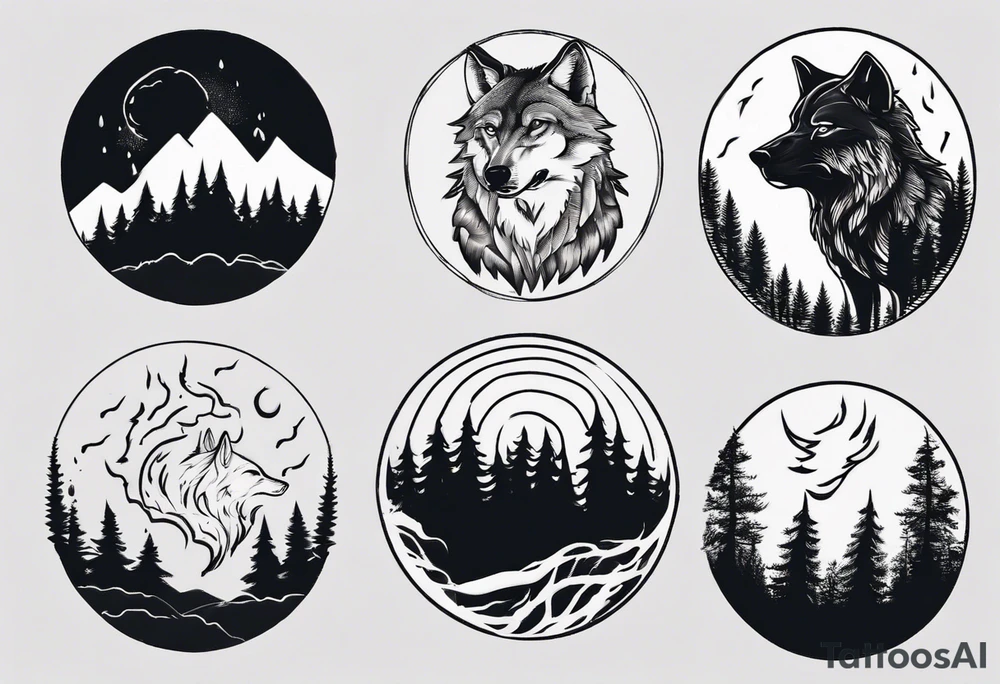 a thunderstorm over a forest and a wolf howling tattoo idea