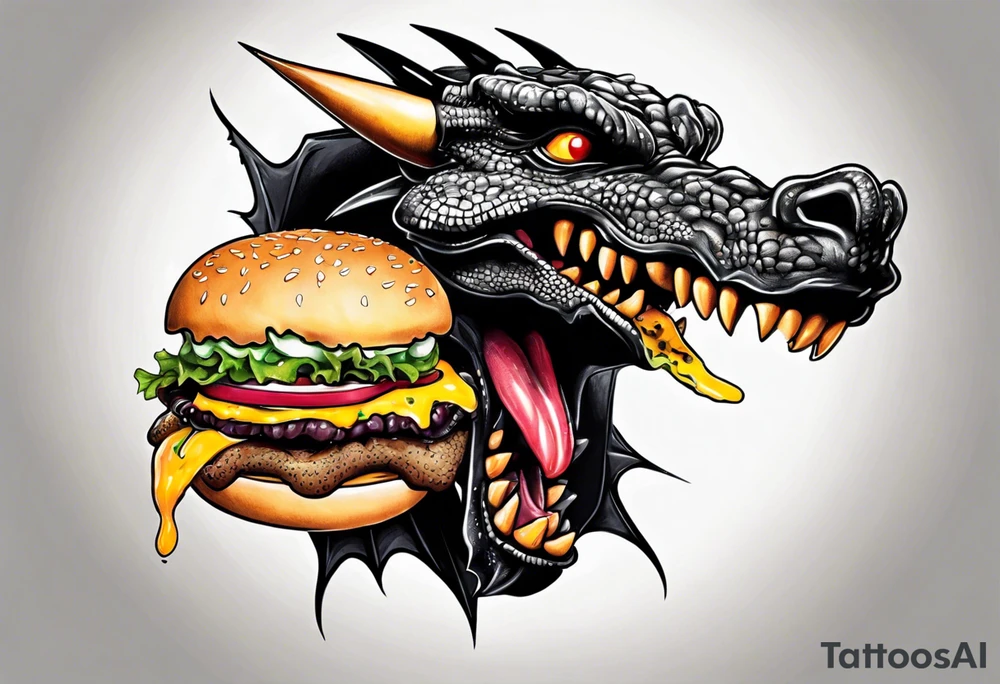 happy black dragon eating a cheeseburger tattoo idea