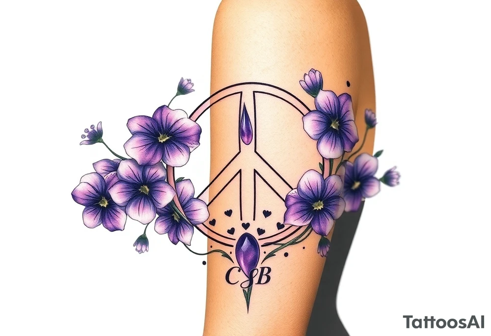 peace symbol intertwined with violets Pisces symbol, dog prints, amethyst, initials csb in cursive font tattoo idea