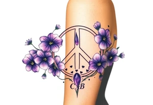 peace symbol intertwined with violets Pisces symbol, dog prints, amethyst, initials csb in cursive font tattoo idea