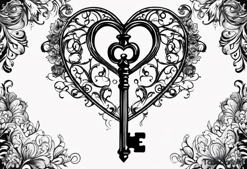 heart shaped skeleton key that looks antique made of metal. the year 2016 one the key. with antique scrolling and ornate details. this tattoo will go in the groin area or bikini line tattoo idea