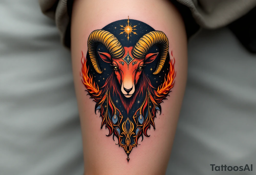 A fiery Aries tattoo featuring a bold red and orange ram’s head with golden horns curling upward, set against a black cosmic background with glowing stars and subtle flames licking around the edges. tattoo idea