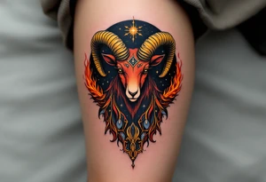 A fiery Aries tattoo featuring a bold red and orange ram’s head with golden horns curling upward, set against a black cosmic background with glowing stars and subtle flames licking around the edges. tattoo idea