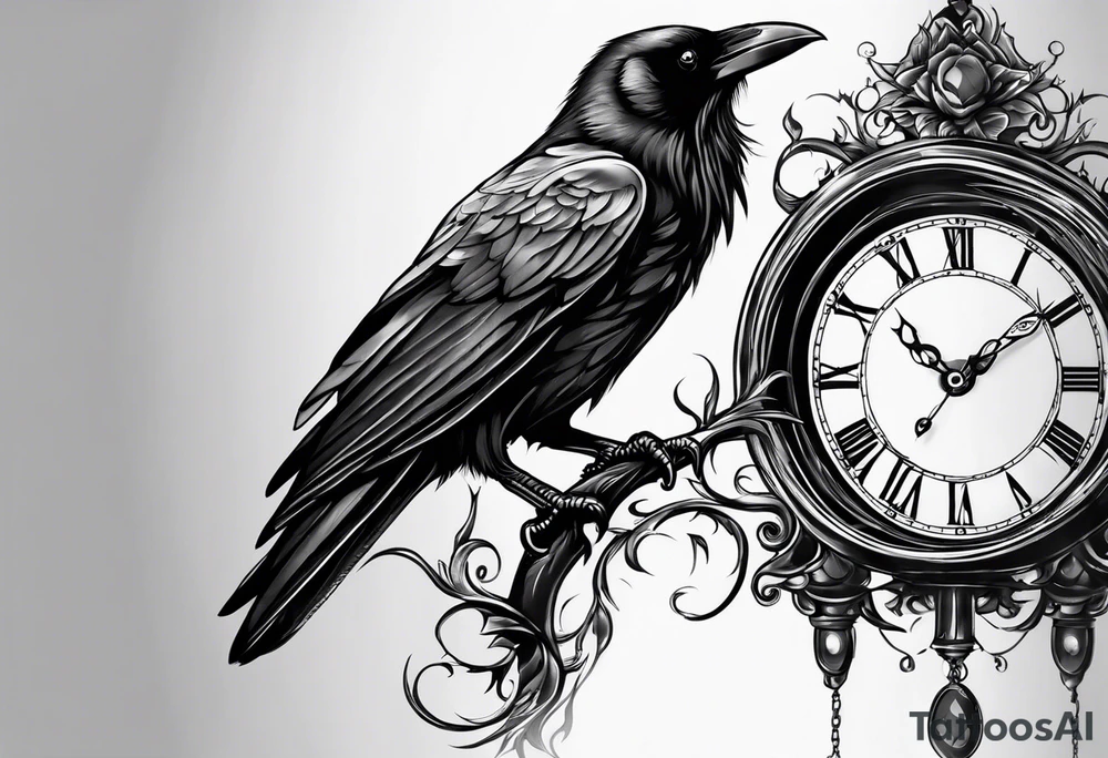 raven perched on clock tattoo idea