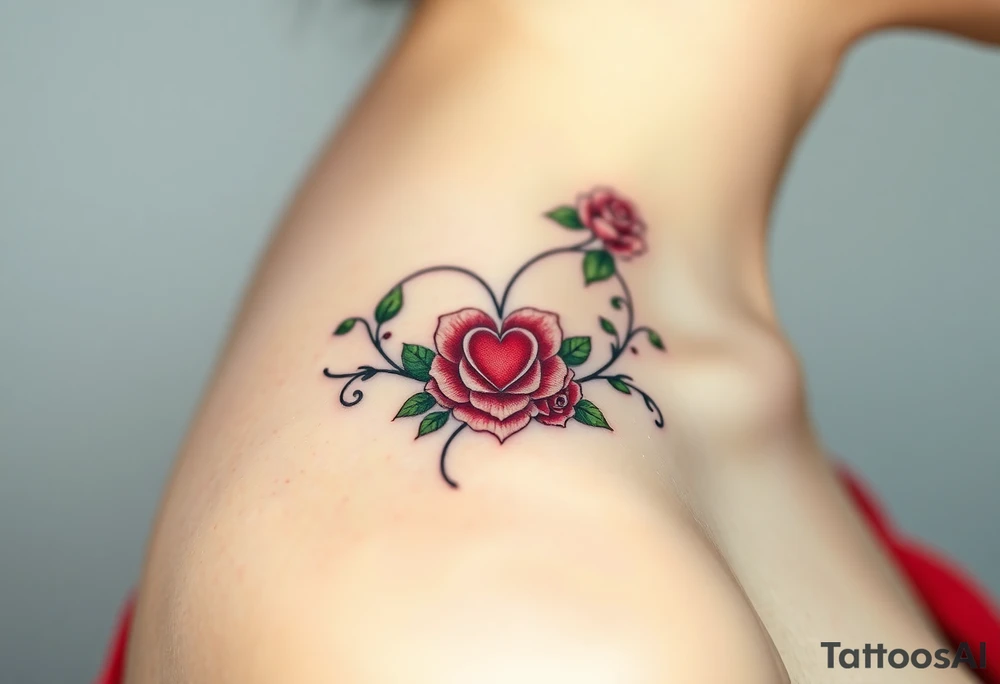 A vine-like infinity symbol with delicate roses and a heart at its center, symbolizing love that continuously grows, in soft red and green hues tattoo idea