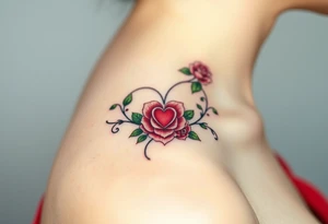 A vine-like infinity symbol with delicate roses and a heart at its center, symbolizing love that continuously grows, in soft red and green hues tattoo idea