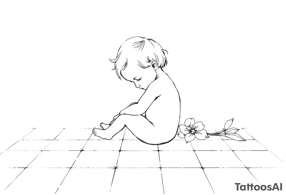 A simple tile floor with a minimalist outline of a curled up child sitting on the floor with a lily next to her tattoo idea