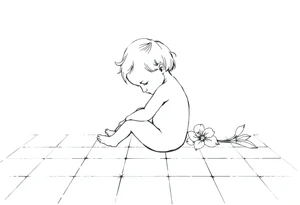 A simple tile floor with a minimalist outline of a curled up child sitting on the floor with a lily next to her tattoo idea