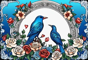 Aphrodite is the goddess of love, with a seaside background, surrounded by birds.. blue roses frames, background blue,present it in a tattoo, black hair, love motives tattoo idea