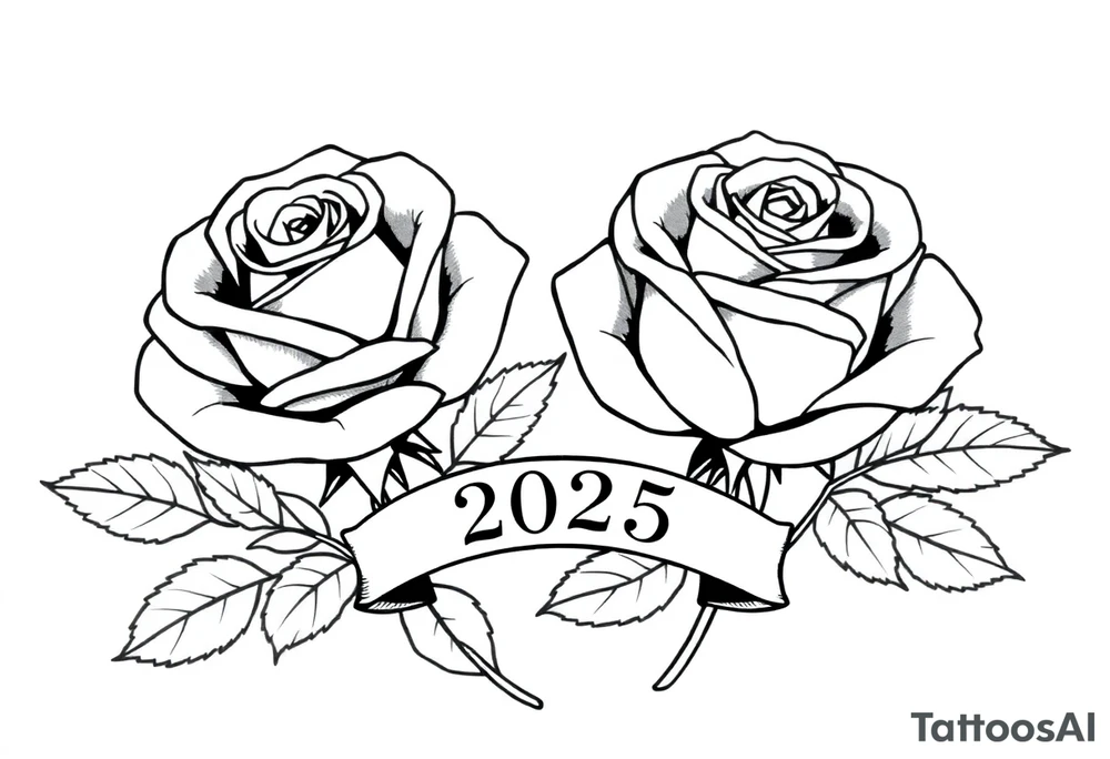 two beautiful large rose buds, one larger than the other, with many leaves next to the rose buds, with one sitting slightly higher than the other, side-by-side.  Include a banner connecting the two roses with the year 2025 on it.   Use dark outlines with little shading. No stems tattoo idea