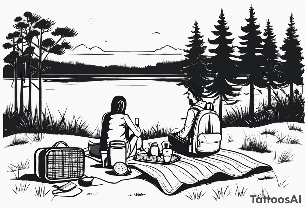 Very minimalstic picnic scene in nature by a lake, with trees and bushes. A blanket on the ground with one picnic-basket with lid, one backpack, one old speaker and 2-3 pillows to sit on and tennants. tattoo idea